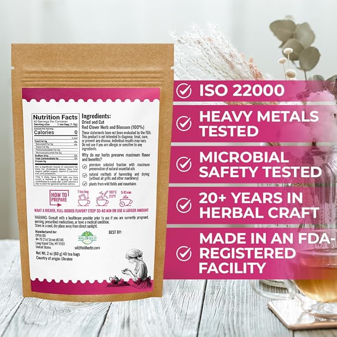 40 Bags Red Clover Herb Tea (Trifolium Pratense) – 40 Count 1.5g Herbal Bags Trébol Rojo