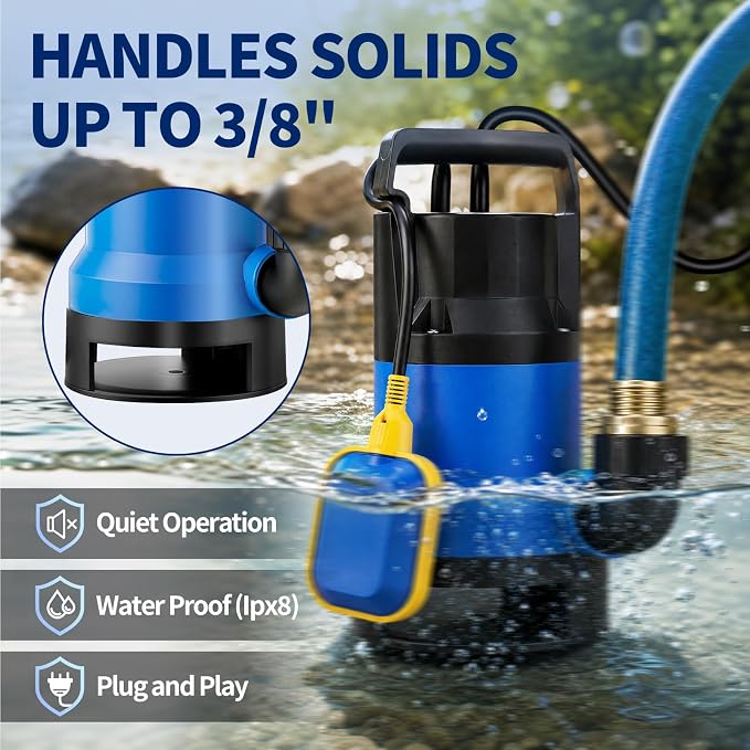 1.1HP Submersible Sump Pump, 4600 GPH Electric Water Pump with Automatic Float Switch, Portable Utility Pump for Pool Draining, Basement, Outdoor Ponds, 16 FT Cord