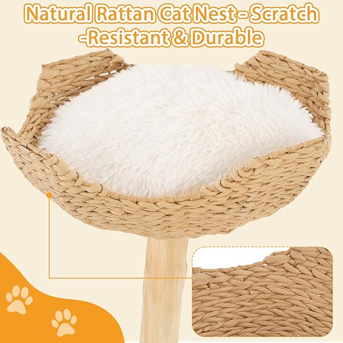 Natural Modern Cat Tree Tower – Wooden Cat Condo with Dangling Ball, Cozy Baskets, Scratching Posts, for Large Indoor Cats, Solid Wood Aesthetic Pet Furniture(43" Tall)