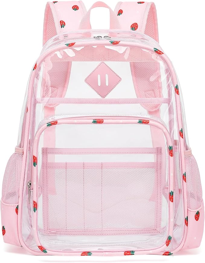 Clear Backpack for Girls Women School Bookbag Heavy Duty Transparent Backpacks (Pink Corduroy Strawberry)