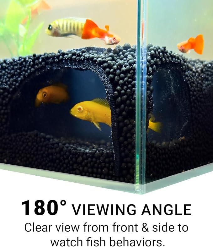 Aquarium Cave – Rock Texture Fish Shelter with 180° Viewing Angle, Betta Fish Tank Accessories, Shrimp & Snails – Aquarium Decor & Tunnel (Black)