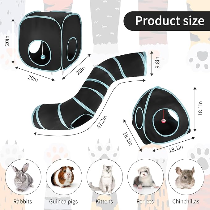 YUEPET Rabbit Tunnel and Cube Collapsible Tent Bunny Interactive Crinkle Tunnel Toys Small Animal Hideout with Play Ball for Dwarf Rabbit Bunny Guinea Pig (Blue Black)