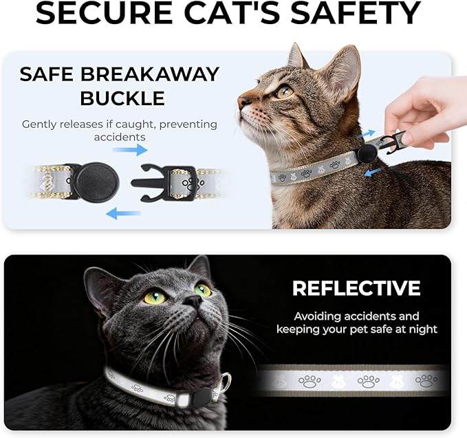 Cat Collar Breakaway, Reflective Kitten Collar with Bell, Safety Buckle Kitten Collar, Lightweight, Adjustable, Comfortable, Suitable for Boy Girl Cats (7"-13") Khaki