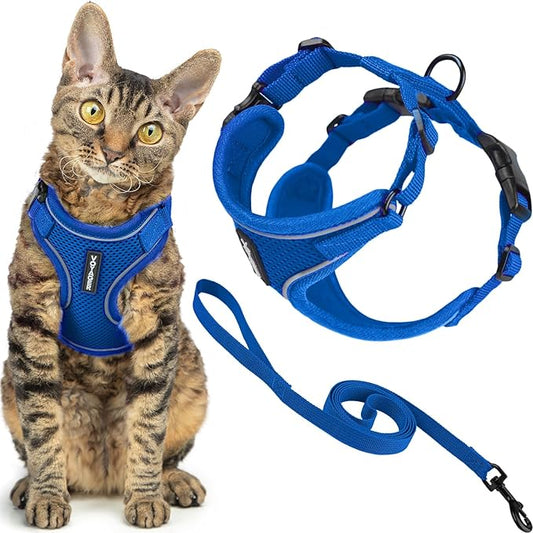 Voyager Escape-Proof Step-in Lock Cat Harness & 5ft Neoprene-Handle Leash Set All-Weather Mesh with Reflective Stitching for Small to Large Cats by Best Pet Supplies, Royal Blue (327), XS