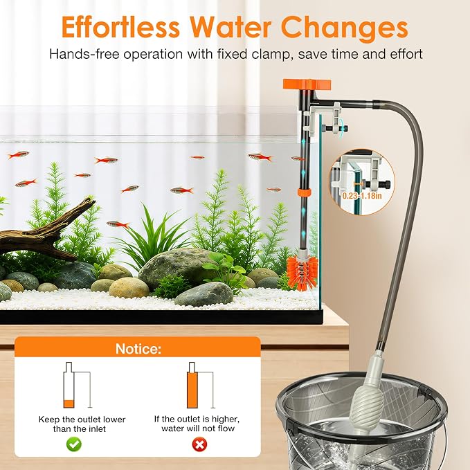 Aquarium Siphon Gravel Cleaner Manual Water Changer Kit, Small | 3.8 Ft Water Hose, Fish Tank Vacuum Cleaning Tools, Adjustable Flow & Extendable Handle, For Tank Up to 15 Inch Deep