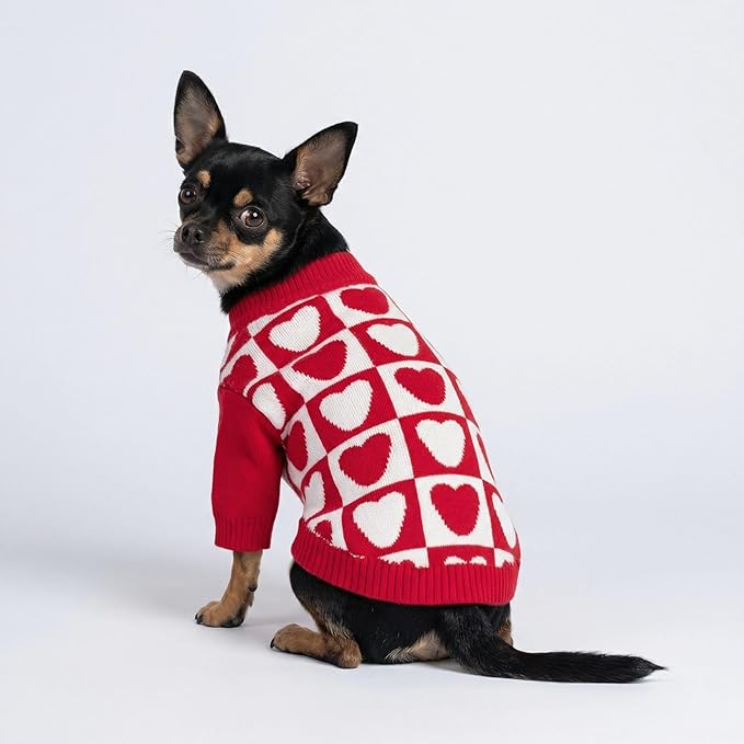 Fitwarm Checkered Heart Dog Sweater, Cozy Valentines Outfit for Small Dogs Girl, Festive Pet Clothes, Red, White, XL