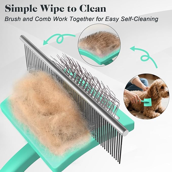 2PCS Slicker Brush for Dogs & Pet Comb,Professional Dog Grooming Brush (Goldendoodles,Poodles,Labradoodles) with Extra Long Pins to Effectively Remove Tangles, Knots and Mats (Cyan, Large)