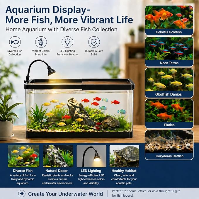 5 Gallon Fish Tank Starter Kit for Betta Shrimp Guppy & Neon Tetra | Clear AS Plastic Desktop Aquarium with Bottom Drain, LED Light, Air Pump, Lid, Fish Net, Aquatic Plants and Pebbles for Home