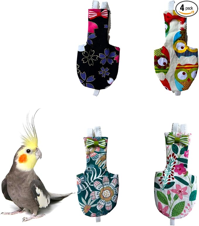 UKJENT Bird Diaper Protective Parrot Nappy - 4 Pack, Reusable Flight Suit with Waterproof Inner Layer, Washable Cute Urine Wet Suit for Parakeet Cockatiel Mini Macaw Budgie Canary(M)