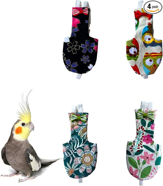 UKJENT Bird Diaper Protective Parrot Nappy - 4 Pack, Reusable Flight Suit with Waterproof Inner Layer, Washable Cute Urine Wet Suit for Cockatiel Monk Parakeet Sun Parakeet Lory(S)