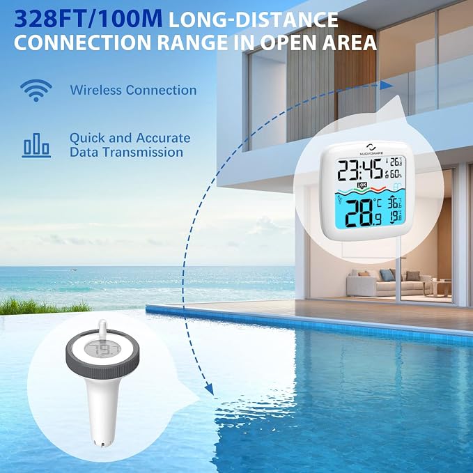 Nuovoware Digital Floating Pool Thermometer, Easy Read Screen Display | Wireless Thermometer, Remote Water IPX8 Waterproof for Swimming Pools, Fish Tank, Hot Tub