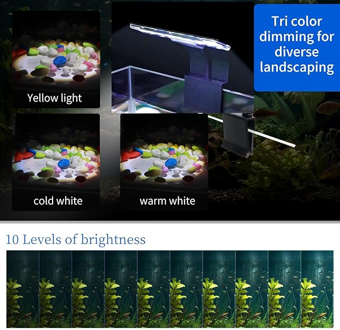 7W Nano Aquarium Light Clip-On Fish Tank Light with Timer & 9-Level Dimming&3 Colors for 1-5 Gallon Tanks, USB LED Full Spectrum Light (Adapter Not Included)