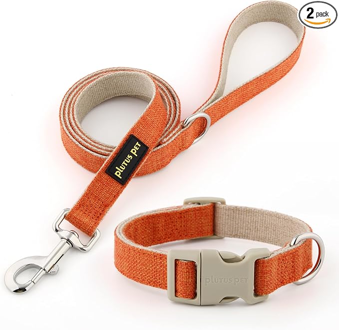 Plutus Pet Cotton Hemp Dog Collar and Leash Set, Adjustable Collar for Small, Medium, and Large Dogs, Heavy Duty and Soft on Skin, Orange, XS