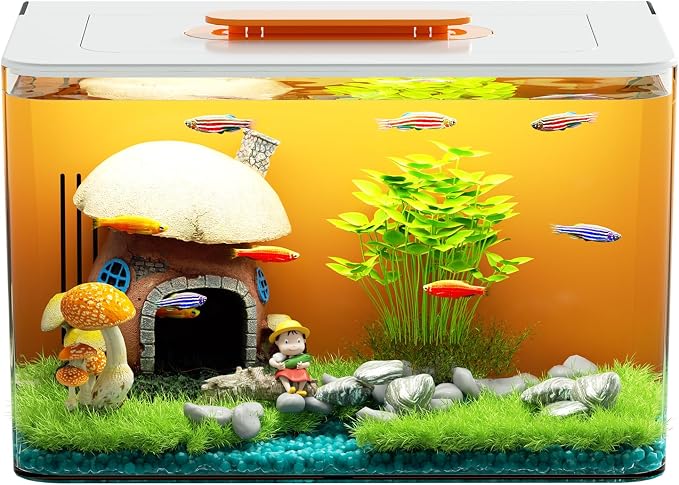 Betta Fish Tank Kit 2.5 Gallon with Hidden Filtration, Light, Lid, Acrylic | Dry-wet Separation Filtration, Self-cleaning, Ultra-quiet, 3 Color Light, 10 Brightness, Adjustable Water Flow, Round Corner