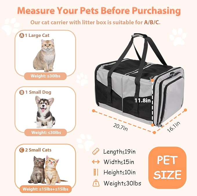 A.FATI Cat Carrier for 2 Cats, Pet Carrier for Multi-Cat Families & Small Dog, Expandable Double Soft Sided Carrier with 2 Litter Boxes, Pet Travel Carrier for Travel, Vet Visits & Home Use
