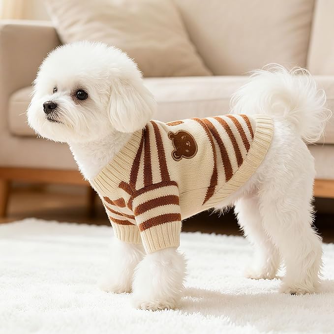 XS Dog Sweater with Cute Bear Pattern, Striped Soft Stretchable Warm Puppy Clothes for Small Dogs Cats, French Bulldog, Chihuahua for Winter(Brown,Medium)