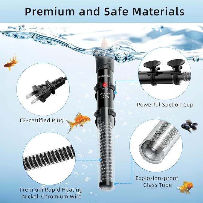 HiTauing Aquarium Heater 100W, Adjustable Knob Fish Tank Heater with 2 Powerful Suction Cups, Submersible Betta/Turtle Tank Heater for Freshwater and Saltwater Tanks