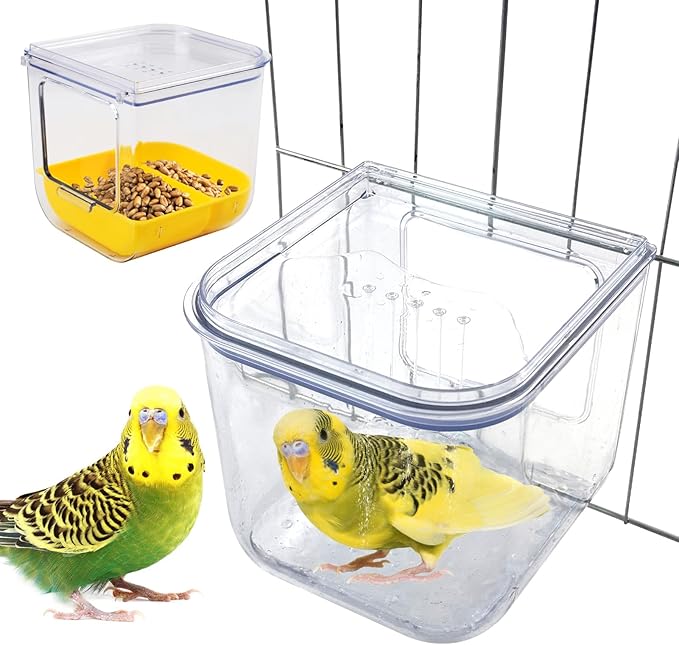 PINVNBY 2 in 1 Bird Bath for Cage,No Mess Parrot Bath Feeder with Hooks Hanging Parakeet Caged Bathing Tubs Multifunction Cube Budgie Shower Box for Canary Cockatiel Lovebird