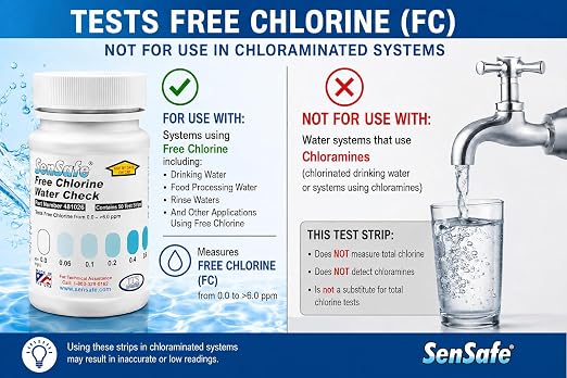 Industrial Test Systems SenSafe 481026 Free Chlorine Test Strip | USEPA Approved Method D99-003 | 0-6ppm | 0.05ppm Detection | No Bleach-Out | Bottle of 50 | Drinking Water, Food Service, Restaurant