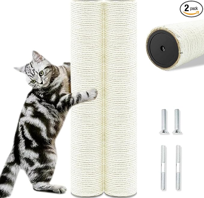Cat Scratching Post Replacement Pole，2 PCS 15.7in Cat Tree Replacement Post，Natural Sisal Cat Tree Replacement Parts with M8 Screws，Cat Scratch Post Replacement for Refurbishment (15.7in/40cm)