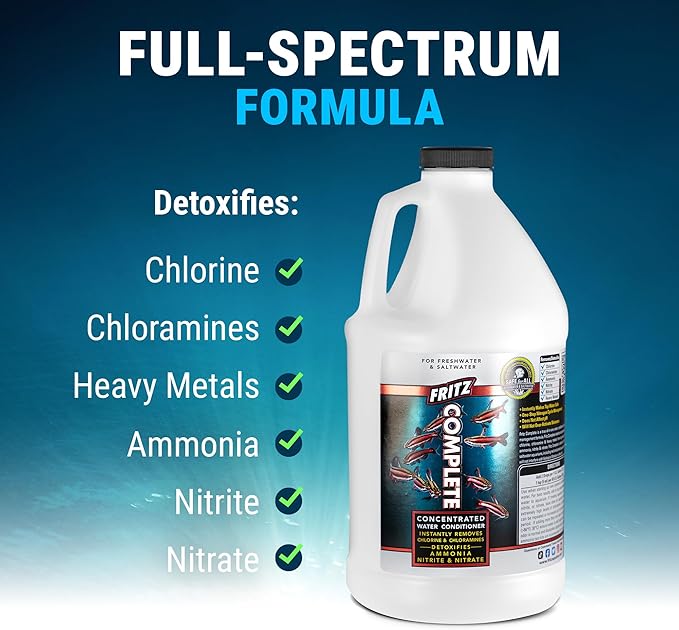 Fritz Complete – Concentrated Water Conditioner/Tap Water Dechlorinator, Instantly Detoxifies Chlorine, Chloramines, Heavy Metals, Ammonia, Nitrite/Nitrates, for Fresh and Saltwater (64 oz)