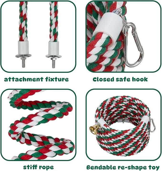 2 Pack Bird Ropes Straight & Spiral Flexible Cotton Rope with Bell Bird Cage Toys for Parakeets Cockatiels Budgies Lovebirds Conures