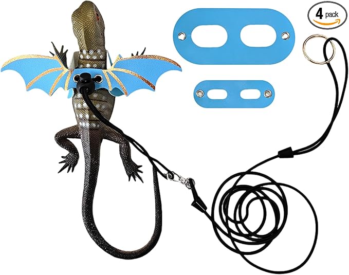 Dinosaur Wing Leash Harness for Bearded Dragons - 3-Size Adjustable Reptile Harness Set, Safe Escape-Proof Design for Lizards, Geckos, Iguanas & Small Pets (Blue)