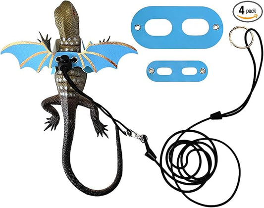 Dinosaur Wing Leash Harness for Bearded Dragons - 3-Size Adjustable Reptile Harness Set, Safe Escape-Proof Design for Lizards, Geckos, Iguanas & Small Pets (Blue)