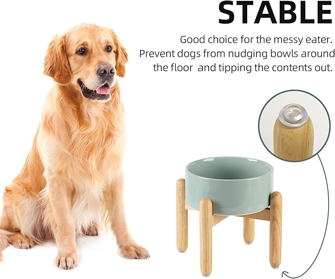 Havniva Ceramic 7.3inch Raised Dog Bowl Set, Elevated with Wooden Stand, Food and Water Bowl for Medium Breed Dogs, Weighted Dog Dishes, Pet Feeder(Light Green)