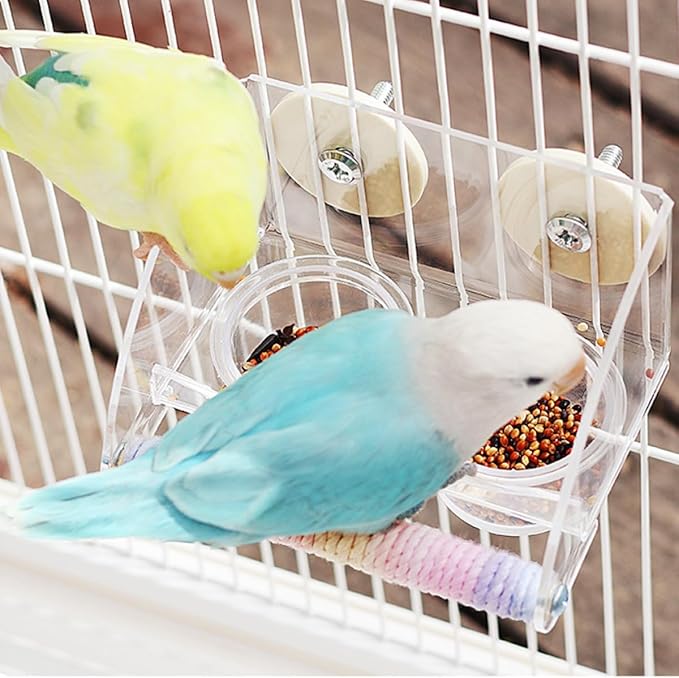 Seed Catcher Bird Feeder No Mess - Dual Bowl Cage Mount with Clear Acrylic, Colorful Hemp Rope Wrapping Wood Perch & Removable Acrylic Cups - for Budgies, Finches, Canaries, Parrotlets, Conures