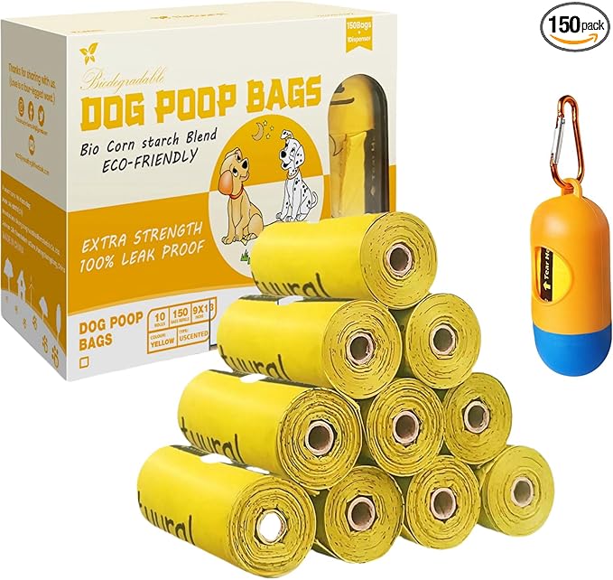 Dog Poop Bags-150 Counts with Holder (10 Rolls), Biodegradable Poop Bags, Eco-friendly and Easy to Open, Thick Dog Waste Bags (Yellow)