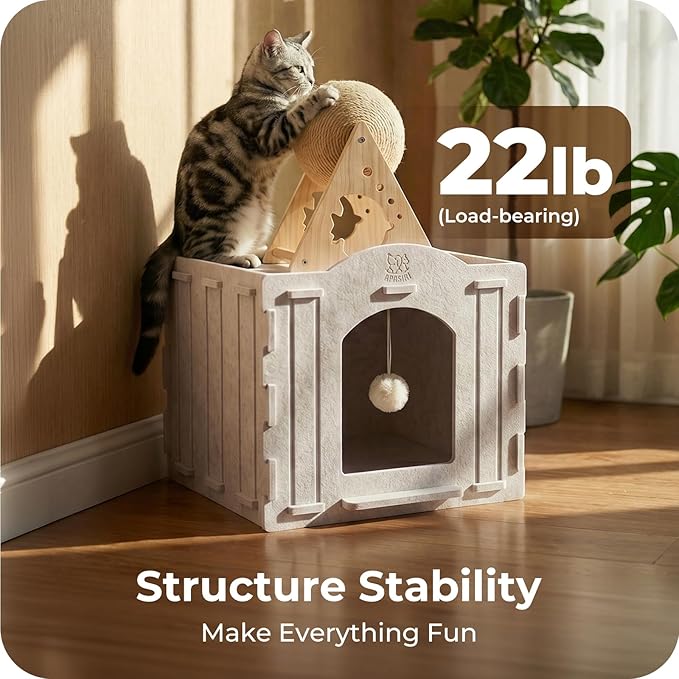 Apasiri Cat Bed Cave for Indoor Cats: New Felt Cat Bed with Fluffy Ball, Foldable Cat House with Scratch-Resistant Board, Hideaway Cat Cave for Timid Cats, Sturdy Two-Tier Cat Condo & Cat Houses