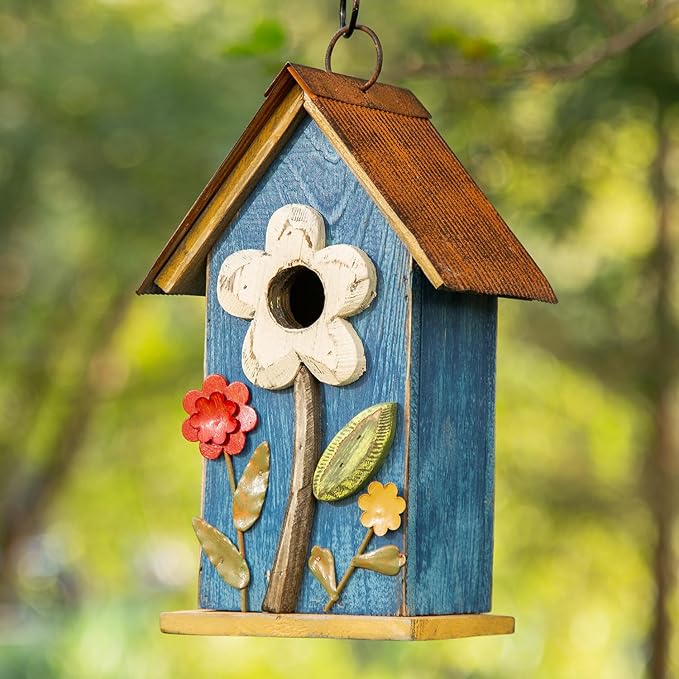 Glitzhome Hanging Bird House for Outdoor, 10.2" H Decorative Birdhouse Pet Cottage Distressed Wooden Bluebird House with 3D Flowers for Outdoor Patio Garden, Washed Blue