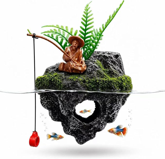 Resin Aquarium Floating Island Decoration, Fish Tank Floating Hiding Cave, Fisherman Decoration Accessory, Betta Fish Habitat, Suitable for Guppies, Rainbowfish and Hermit Crabs