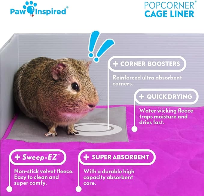Paw Inspired PopCorner Guinea Pig Cage Liners | Washable Fleece Bedding or Pet Bed Mat for Small Animals | Super Absorbent Pee Pad with Reinforced Corners and Waterproof Bottom (C&C 2x5, Blue)