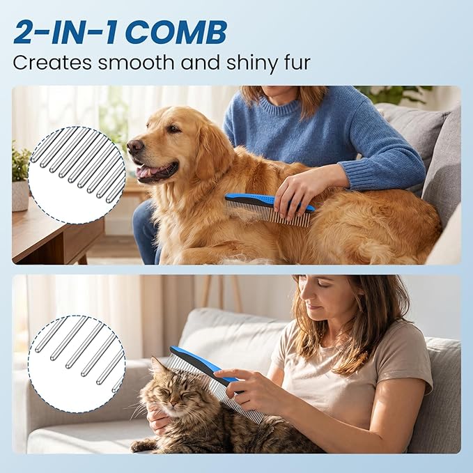 Double-Sided Pet Grooming Rake - 4-in-1 Professional Pet Grooming Kit Deshedding Dematting Tool for Dogs Cats Extra-Wide Grooming Brush & Deshedder Comb for Long & Short Haired Pets (Blue Kit 4PCS)