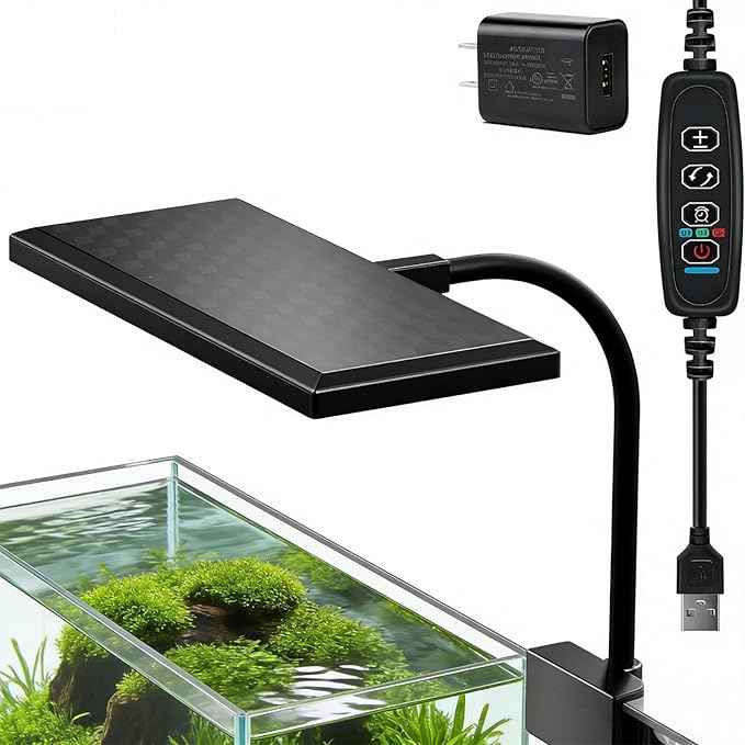 Mini Clip-On Aquarium Light 8W Full Spectrum LED for Nano & Betta Fish Tanks, Timer & 10-Level Dimmer, Freshwater Planted Desk Aquariums 1–5 Gallons