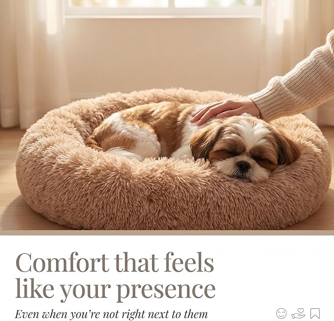 Calming Donut Dogs Beds for Small Dogs Washable,23inch Plush Round Pet Bed for Cozy Sleep,Fluffy Faux Fur Large Cat Bed,Fits up to 25 lbs Pets,Camel