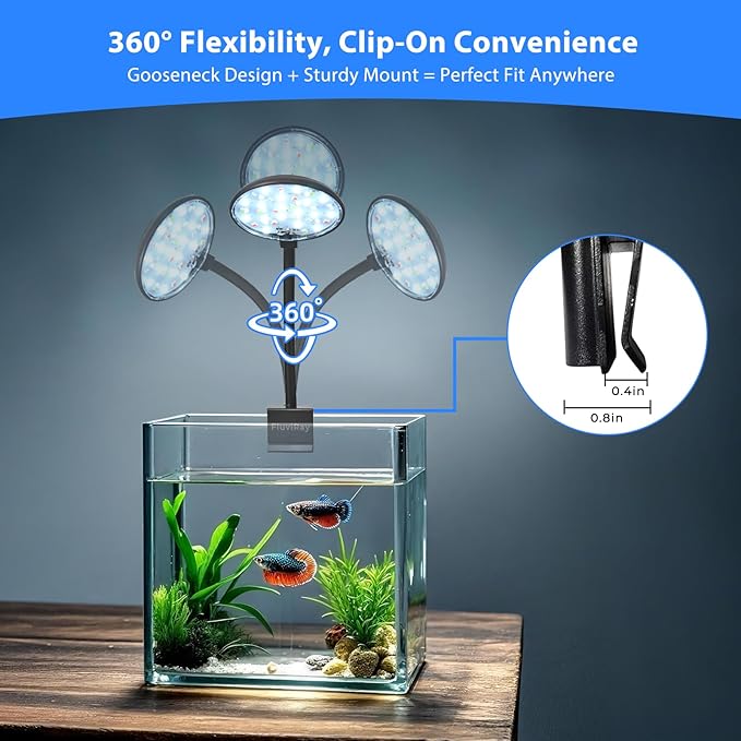 Mini Clip-On Aquarium Light 7W USB Dimmable Fish Tank Lamp with 3 Light Modes (White/RGB/Full Spectrum), 9-Level Brightness, 360° Adjustable Gooseneck for 1–3 Gallon Tanks