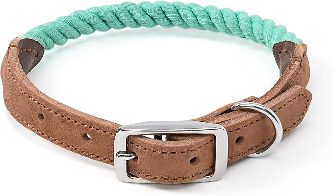 Mile High Life Genuine Leather Dog Collar, Durable Braided Cotton Rope Collar with Metal Pin Buckle for Small Medium Large Dogs (Green, L Neck 17"-21")