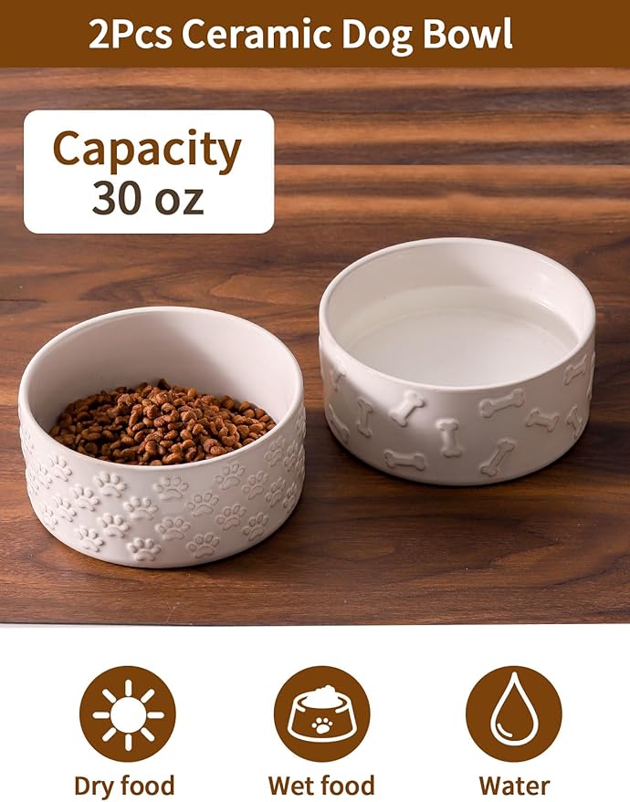 UBEE Ceramic Dog Bowl Set of 2, Dog Food Bowl Dish, Pet Food Water Dish Feeding for Small and Meidum Dogs and Large Cat, White, Paw + Bone Pattern, 6.1 in-Medium