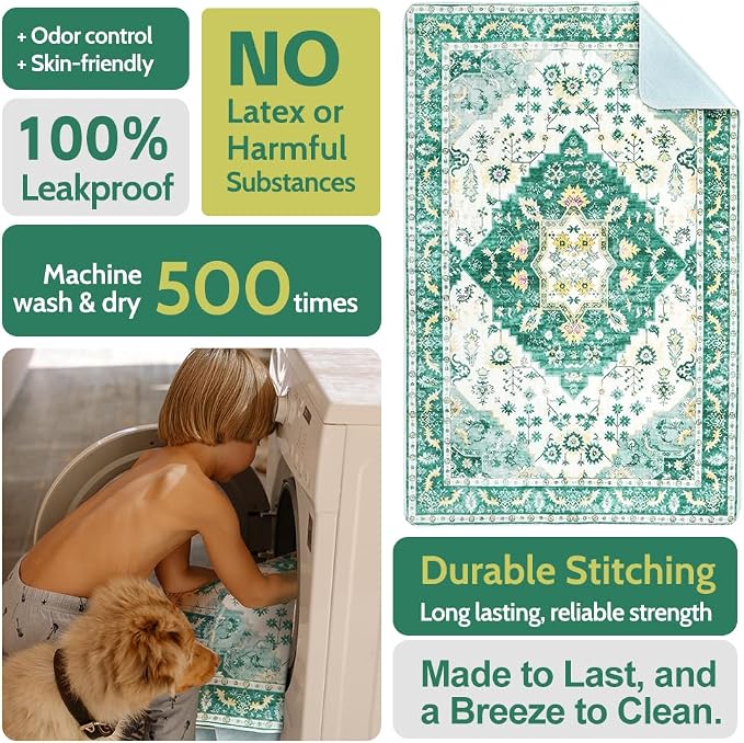 Washable Pee Pads for Dogs, 2 Pack Reusable Puppy Training Pads 24"x18" Super Absorbent Waterproof Dog Training Pads, Non-Slip Potty Pads, Whelping Pads Litter Mat Green Medallion