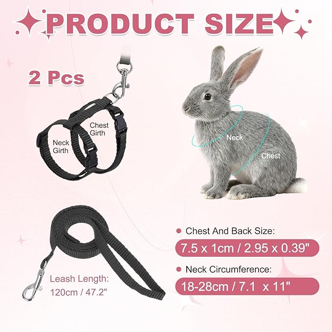 Rabbit Harness and Leash, Escape Proof Bunny Cat Leash Small Animal Harness Soft Adjustable Buckle(2Pcs, Black) for Bunny Kitten Cats Puppies Walking Hiking Training
