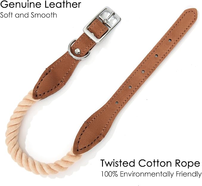 Mile High Life Genuine Leather Dog Collar, Durable Braided Cotton Rope Collar with Metal Pin Buckle for Small Medium Large Dogs (Light Brown, L Neck 17"-21")
