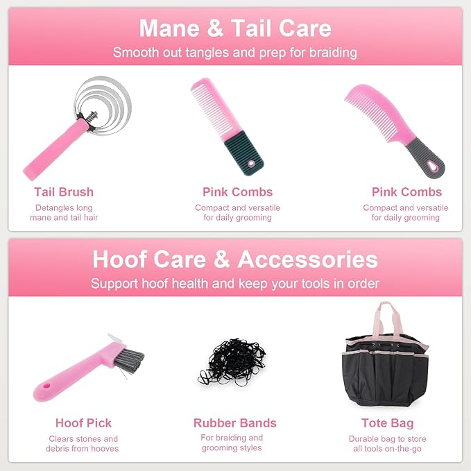 Horse Grooming Kit 13 Piece, Horse Brushes for Grooming Supplies Set, Professional Horse Supplies with Gloves & Brush for Equine Care, Pink