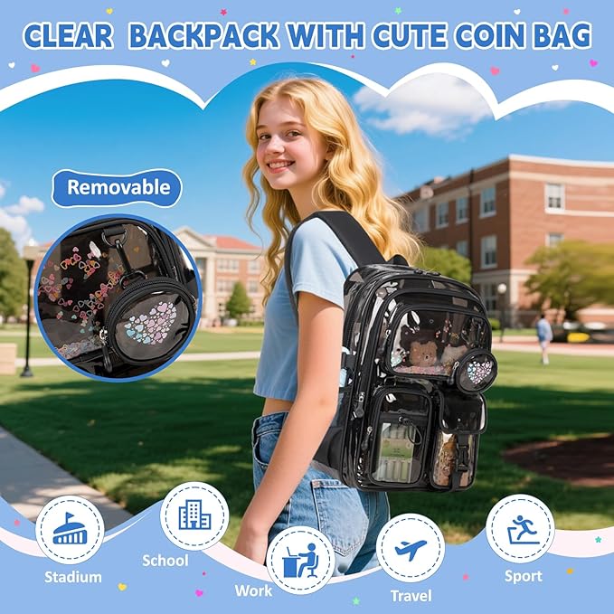 Clear Backpacks for Stadium Events Heavy Duty Clear Bookbag for School Girls Transparent Back Pack, Black Semitransparent
