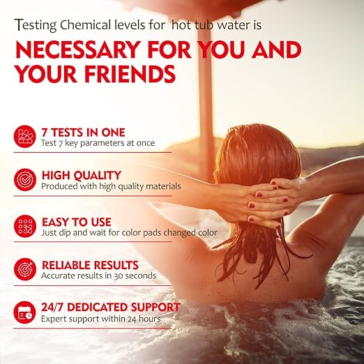 Pool Test Strips 7 Way, Quick Pool and Spa Test Strips 125ct Hot Tub Test | Reliable Water Testing Kit for Bromine, Total Alkalinity, pH, Free Chlorine, Total Hardness, Cyanuric Acid and Total Chlorine