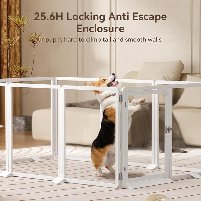 25.6”H Clear Dog Playpen Indoor, Thick Plastic Puppy Pet playpen with Lock Door, Foldable Transparent Dog Fence Enclosure for Small Medium Cat Rabbit Whelping, 10 Panel