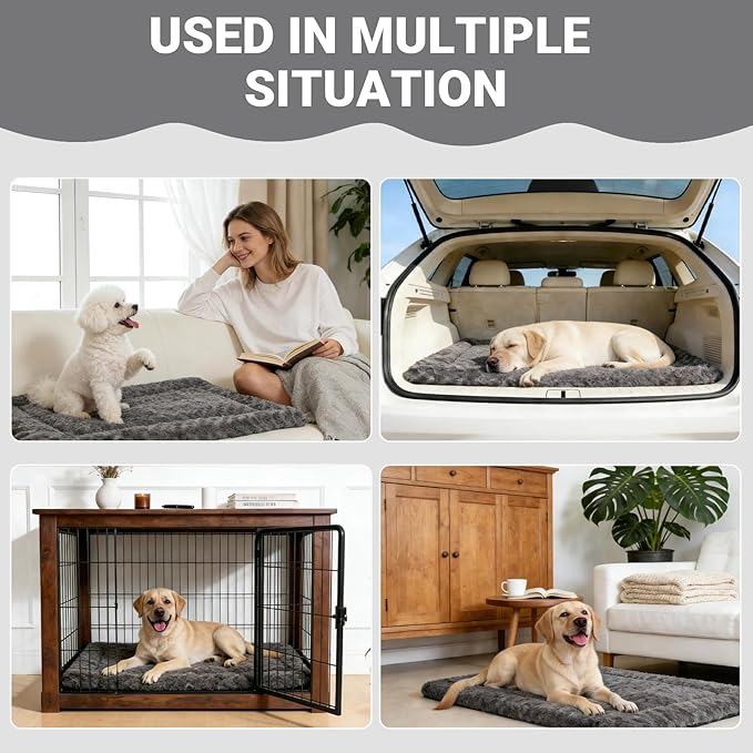 Washable Dog Bed Mat Crate Pad Soft Fluffy Pet Kennel Beds Dog Sleeping Mattress for Large Jumbo Medium Small Dogs, 42 x 28 Inch, Gray