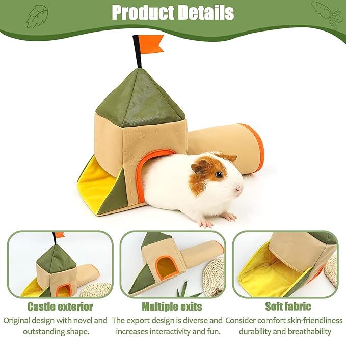 Guinea Pig Hideout Tunnel, Castle Toy Play Tube for Small Pets, 3 Cave House for Bunny Rabbit Hamster Ferret Chinchilla Rat Hedgehog